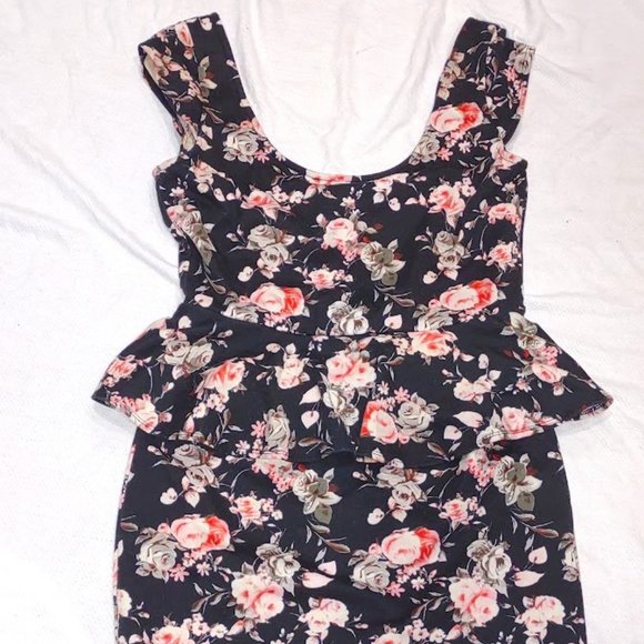 SPEECHLESS PEPLUM BLACK FLORAL PENCIL SKIRT DRESS SLEEVELESS WOMEN'S SIZE L - Picture 1 of 8